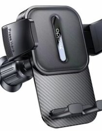 Car phone mount with adjustable arms and a dashboard clamp designed to hold a smartphone while driving carbon fiber finish