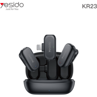 Yesido KR23 wireless earbuds displayed around an open charging case, black finish with blue indicator lights