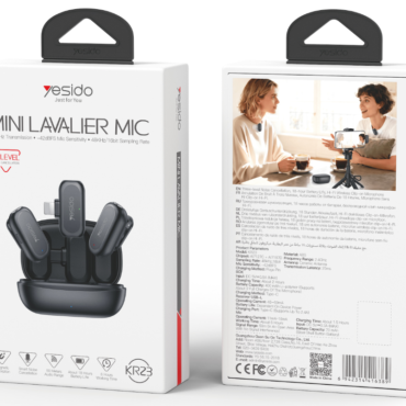 Front and back views of a Yesido Mini Lavalier Mic packaging box; shows wireless earbuds in a charging case and product text on the front (MINI LAVALIER MIC) and detailed specifications on the back.