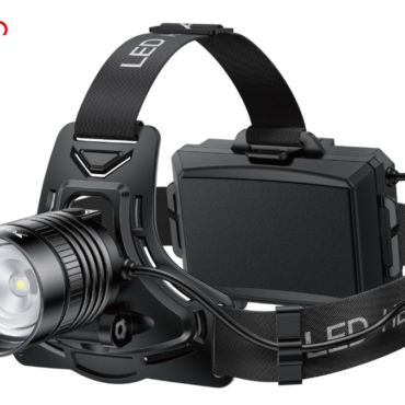 Adjustable black LED headlamp with a battery pack on the back and a wide front light for hands-free illumination
