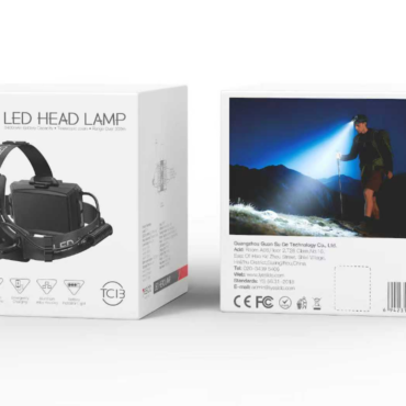 Two white product boxes featuring an LED head lamp kit, including a headstrap, battery pack, and front lens on the left box. 10W power badge visible on the box surface, with another box showing back details on the right.