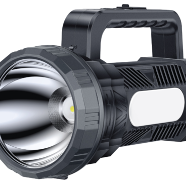 High-powered handheld flashlight with a large front LED and textured body, ergonomic carry handle