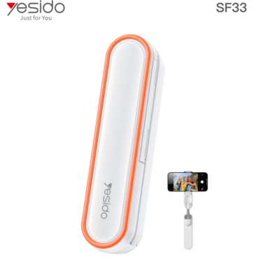 Yesido SF33 white device with orange trim, shown beside a phone mounted on a clip accessory (mobile accessory kit).