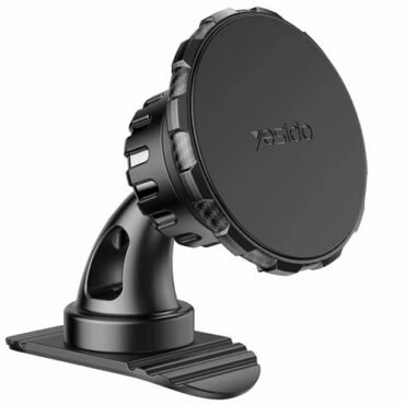 Black circular wireless car phone mount with suction base and adjustable arm Yesido for dashboard use