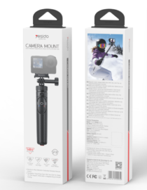 Packaging for a camera mount gimbal left shows the device with a camera right shows a skier with a mounted camera on the box