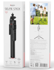 Front of Desido Selfie Stick SF34 packaging showing a black telescoping pole with trigger on white box labeled SELFIE STICK and brand desido on top