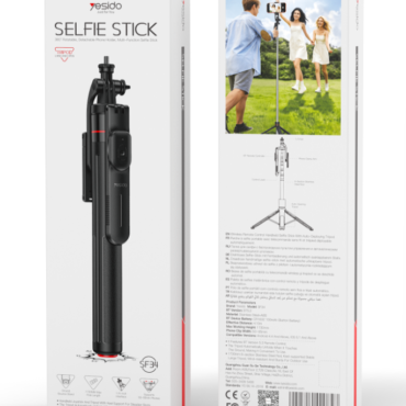Front of Desido Selfie Stick SF34 packaging showing a black telescoping pole with trigger on white box labeled 'SELFIE STICK' and brand 'desido' on top.