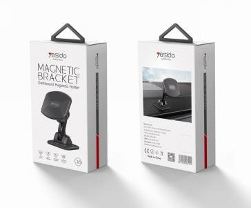 Two white retail boxes for a magnetic bracket car mount shown from front and back on a light surface with branding and product image