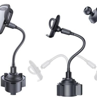 Car phone holder with a flexible gooseneck and suction cup base shown from two angles with a detachable small accessory38
