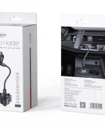Box packaging for a car phone holder with an image of the holder mounted to a car air vent front view