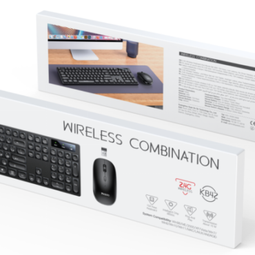 Packaging for a wireless keyboard and mouse set, front displays the keyboard and mouse with the text 'WIRELESS COMBINATION'.
