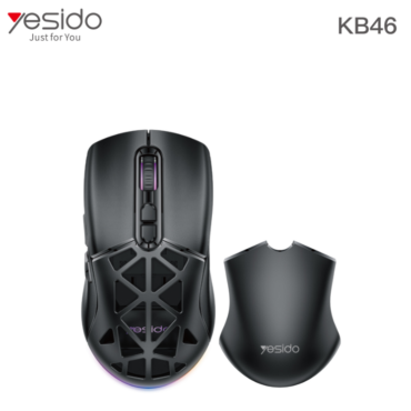 Yesido KB46 wireless gaming mouse with a detachable back cover, black with purple accent lighting and geometric cutout design.