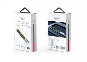 Two white product boxes labeled Temporary Parking Card shown from the front and back views