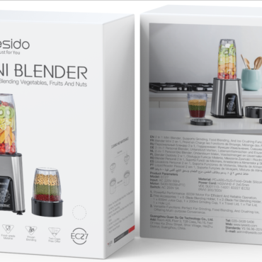 Yesido 2-in-1 Mini Blender packaging with blender and fruit-filled jar on front, showing product and accessories.