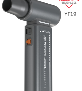 Cordless brushless tool with a right-angle head, model YF19, rated at 8000 RPM; orange toggle switch visible on the side.