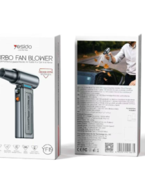 Two product boxes for a hand held turbo fan blower front box shows the device back box shows use on a car with falling leaves
