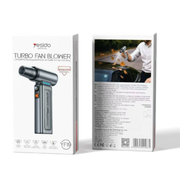 Two product boxes for a hand-held turbo fan blower; front box shows the device, back box shows use on a car with falling leaves.