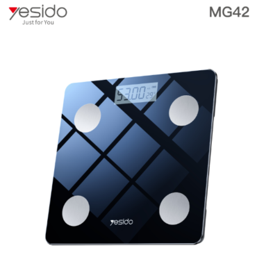 Yesido MG42 digital glass bathroom scale with a blue geometric surface and four circular sensor pads on a white background.