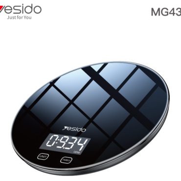 Yesido MG43 digital kitchen scale, black glossy oval with LCD readout showing 0.934 oz (unit buttons visible).