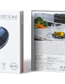 Packaging for a digital kitchen scale left panel shows a round black scale with a digital readout right panel shows the back with a kitchen scene