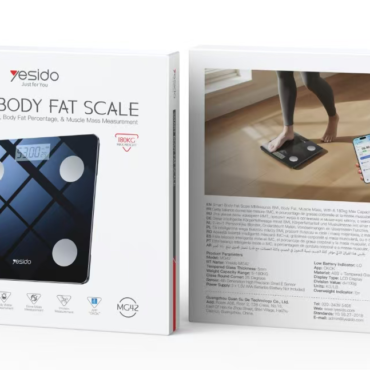 Front and back view of two white boxes for a Smart Body Fat Scale; front box shows image of a black glass scale with four white sensor pads and product name, back box shows someone weighing on the scale with a smartphone app.