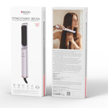 Two white Esido product boxes: one shows a standing straightener brush; the other features a model brushing long hair with the device.