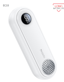 White handheld pulse oximeter with a round digital display near the top and a perforated speaker grille at the bottom