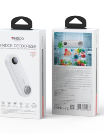 Front and back views of Yesido Fridge Deodorizer packaging left box shows a white handheld deodorizer device right box displays a refrigerator scene on the back panel with text