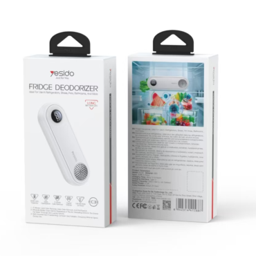 Front and back views of Yesido Fridge Deodorizer packaging; left box shows a white handheld deodorizer device, right box displays a refrigerator scene on the back panel with text.