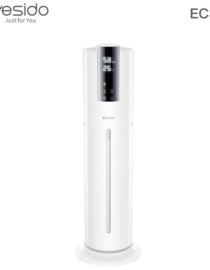 Tall white tower humidifier with a digital control panel at the top and a water level window on the front
