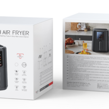 Boxed packaging for the Touch Air Fryer; left box front shows a black air fryer, right box depicts the device in a kitchen setting.