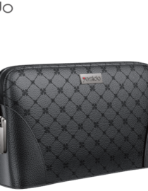 Esido black quilted leather zip wallet with diamond pattern and metal logo plaque shown in a three quarter view