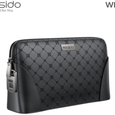 Esido black quilted leather zip wallet with diamond pattern and metal logo plaque, shown in a three-quarter view