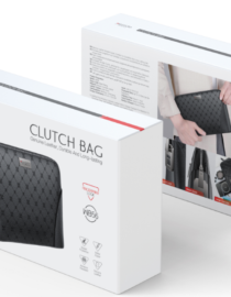Packaging box for a black quilted Yesido clutch bag front shows the bag and reads Clutch Bag with Genuine Leather Durable and Long lasting