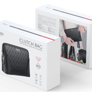 Packaging box for a black quilted Yesido clutch bag; front shows the bag and reads 'Clutch Bag' with 'Genuine Leather, Durable and Long-lasting'