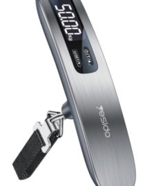Portable digital luggage scale with a brushed metal body and hanging strap displaying the weight on the screen