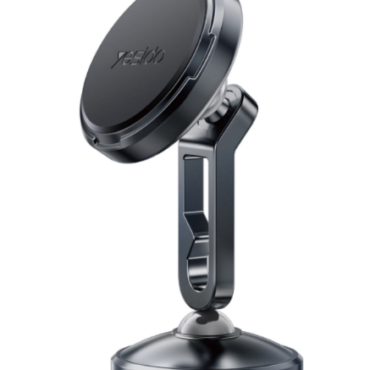 Black wireless charging car mount with a round charging pad at the top and an adjustable arm mounted on a circular base.
