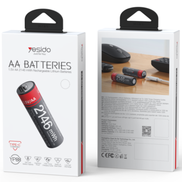 Two Yesido AA rechargeable battery boxes, front shows 'AA BATTERIES' and a diagonal red‑black battery styling the box edge icons are visible on the bottom left.