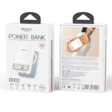 Two white power-bank boxes standing side by side, front one showing a white charger with a digital display and 'POWER BANK' label, 10000mAh emphasis (Yesido).
