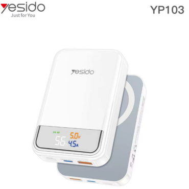 Yesido YP103 portable power bank with a digital display showing charging status and volt/amp indicators.