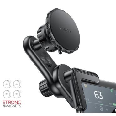 Black car phone mount with a circular magnetic charging pad holding a smartphone in place.