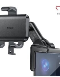 Black car phone holder mounted on a dashboard with adjustable clamps and a 360° rotation badge in the corner