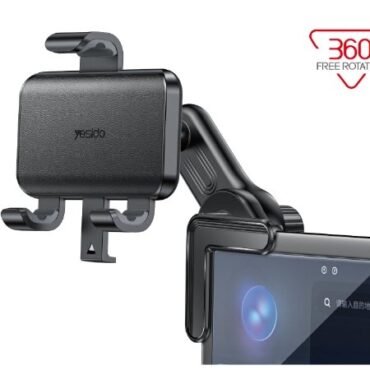 Black car phone holder mounted on a dashboard with adjustable clamps and a 360° rotation badge in the corner