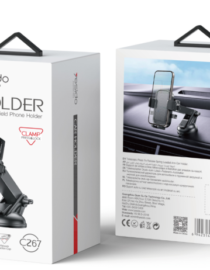 Two white product boxes for a car phone holder showing front and back packaging The front features a car holder with a suction cup and label CAR HOLDER