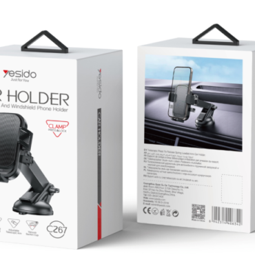 Two white product boxes for a car phone holder showing front and back packaging The front features a car holder with a suction cup and label CAR HOLDER