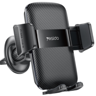 Car phone holder with carbon fiber finish mounted on a car air vent adjustable side grips and bottom support Yesido