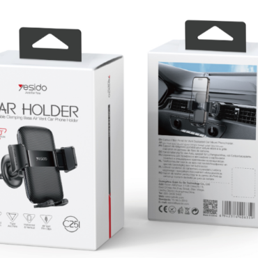 Two white car phone holder boxes stand side by side the left box shows the device with CAR HOLDER text the right box displays a car interior with a mounted phone on the holders suction mount