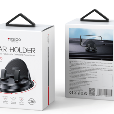Box packaging for a 360° rotating car dashboard phone holder front shows the holder mounted on a base with branding back shows product details on the other box