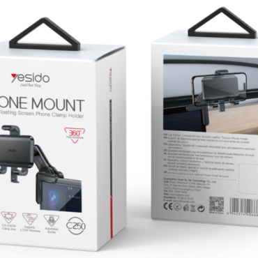 Phone mount for car on white packaging showing a clamp style holder and a floating screen mount with 360° rotation feature Yesido
