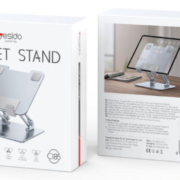 Front of product box labeled TABLET STAND showing a silver adjustable stand with cradle on a metal base yesido brand